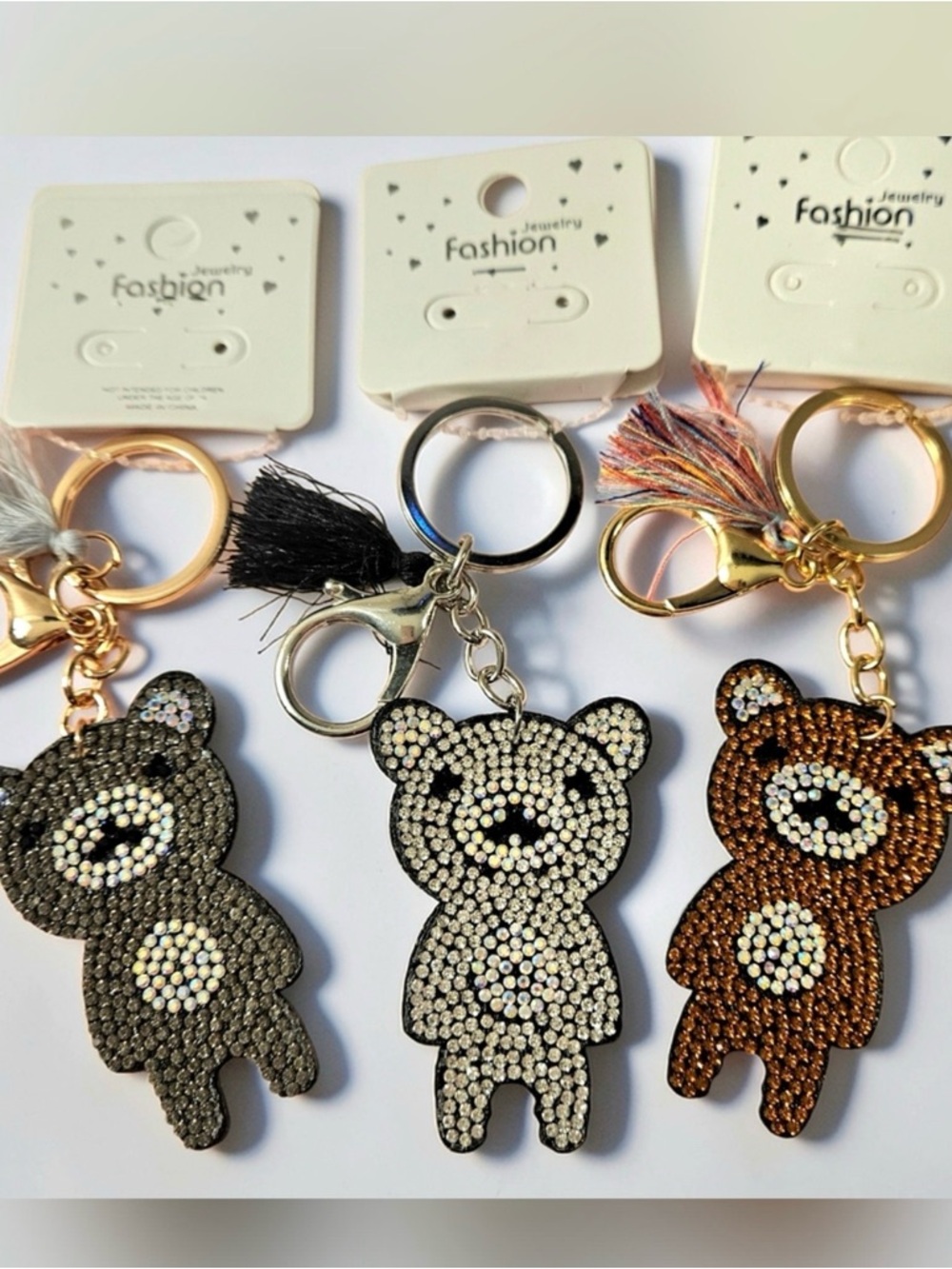 3-Rhinestone Teddy Bear Bag Charm Keychain  Trio - Black, Silver, Bronze